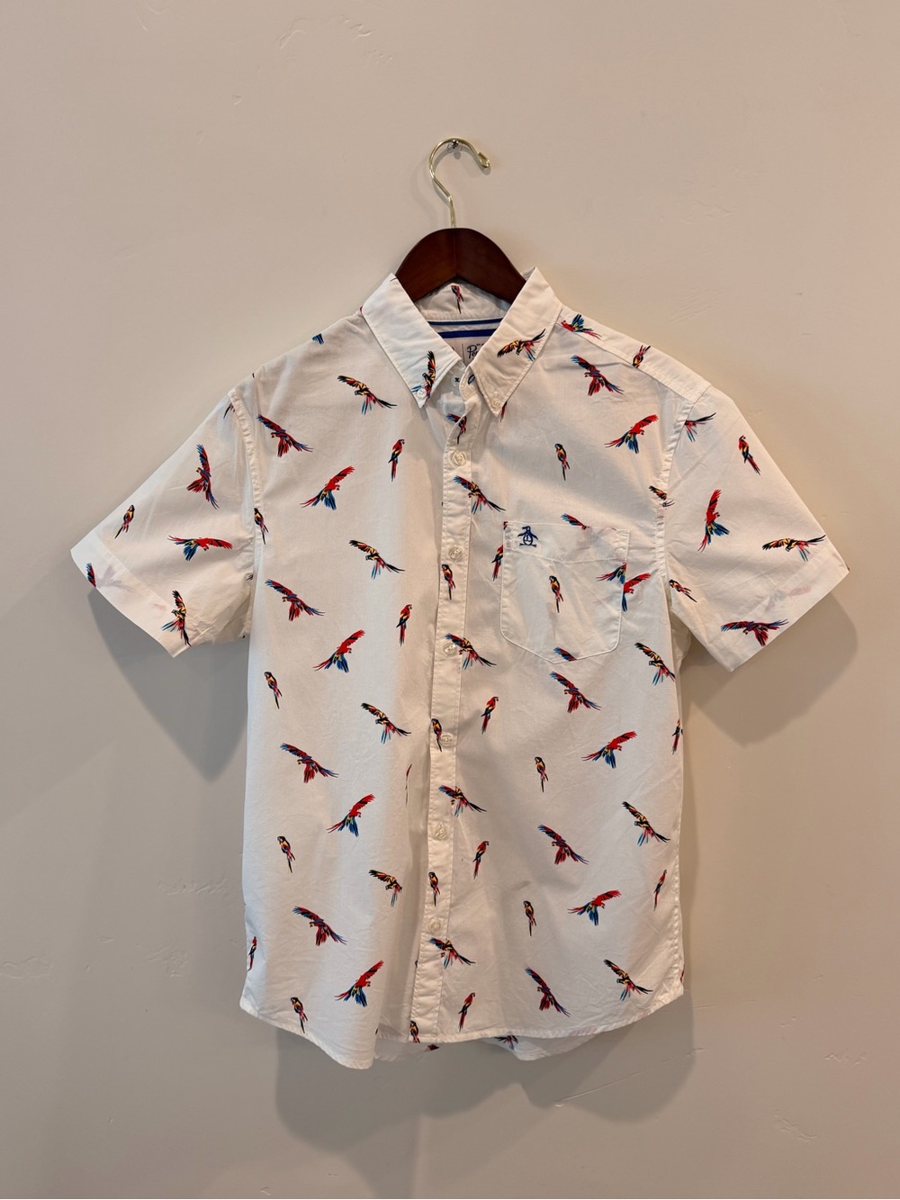 Original Penguin Parrot Print Poplin Shirt Men’s M White Short Sleeve Button Dow